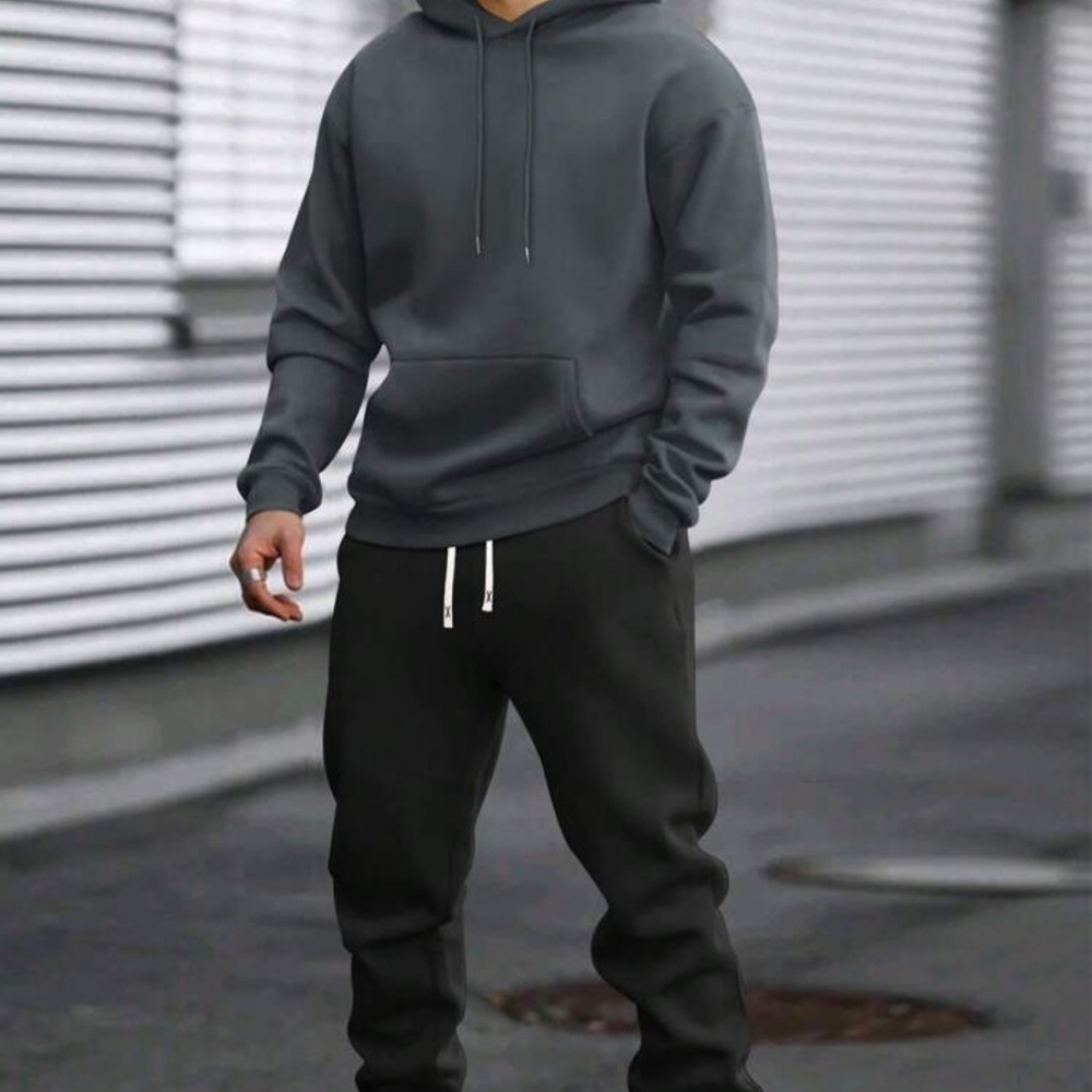2pcs Men's Basic Casual Hooded Sweatshirt And Drawstring Waist Pants Set